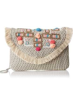 twig and arrow embellished flap clutch purse hand bag Beads Poms