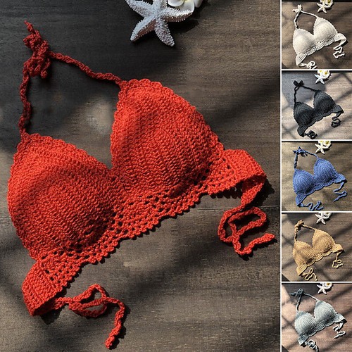 new Women Bikini Crop Top Crochet Boho Bralette Halter Cami Knitted Bra Tank Top - Picture 3 of 19