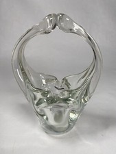 Vintage Hand Blown Art Glass Basket Clear Split Handle Basket Vase Murano Like