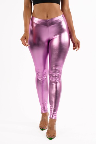 Women's Metallic Shiny Leggings High Waist Faux Leather Footless Party Clubwear - Picture 44 of 127