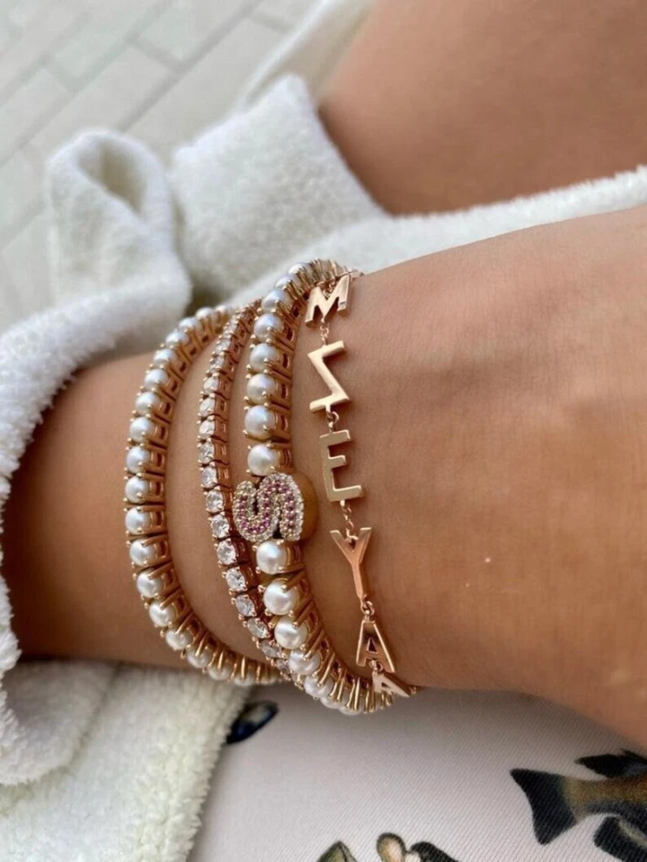 Brazalete Tenis Perlas Oro 18K 7.5" En Mínimo Redondo Perla Blanca Joyería Regalo Foto 2 de 3