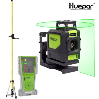 Huepar 2D Baulaser 901CG Laser-Empfänger LR8RG/Laserstativ/Teleskopstange LP36