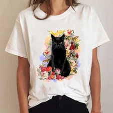 Ladies Short Sleeve Printed Black Cat T-Shirt (Free Ground Shipping within USA)