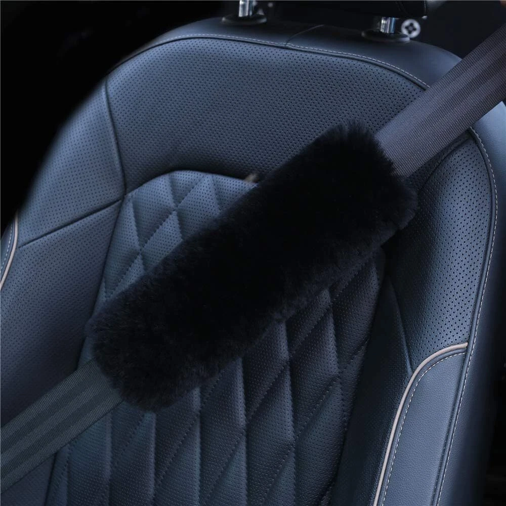 2Pack Genuine Sheepskin Seat Belt Strap Covers for Car, Truck, Black
