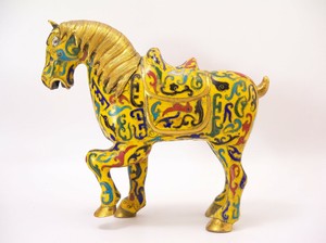 19th Century Yellow Chinese Cloisonne Gilt Tang Style Horse Feng Shui