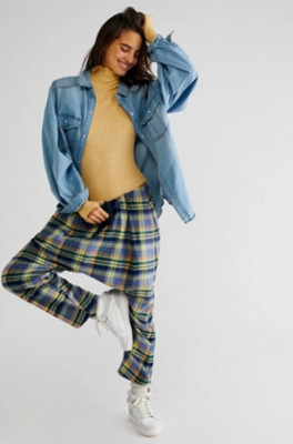 NWT XS Free People Spin Around Plaid Harem Pant Blue Yellow Flannel Drawstring