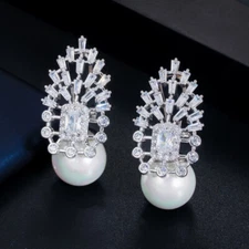Dazzling Silver Plated Cubic Zirconia Pearl Drop Earrings Women Wedding Jewelry