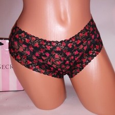 Victoria Secret Panty Cheeky Black Red Hearts Allover Lace New