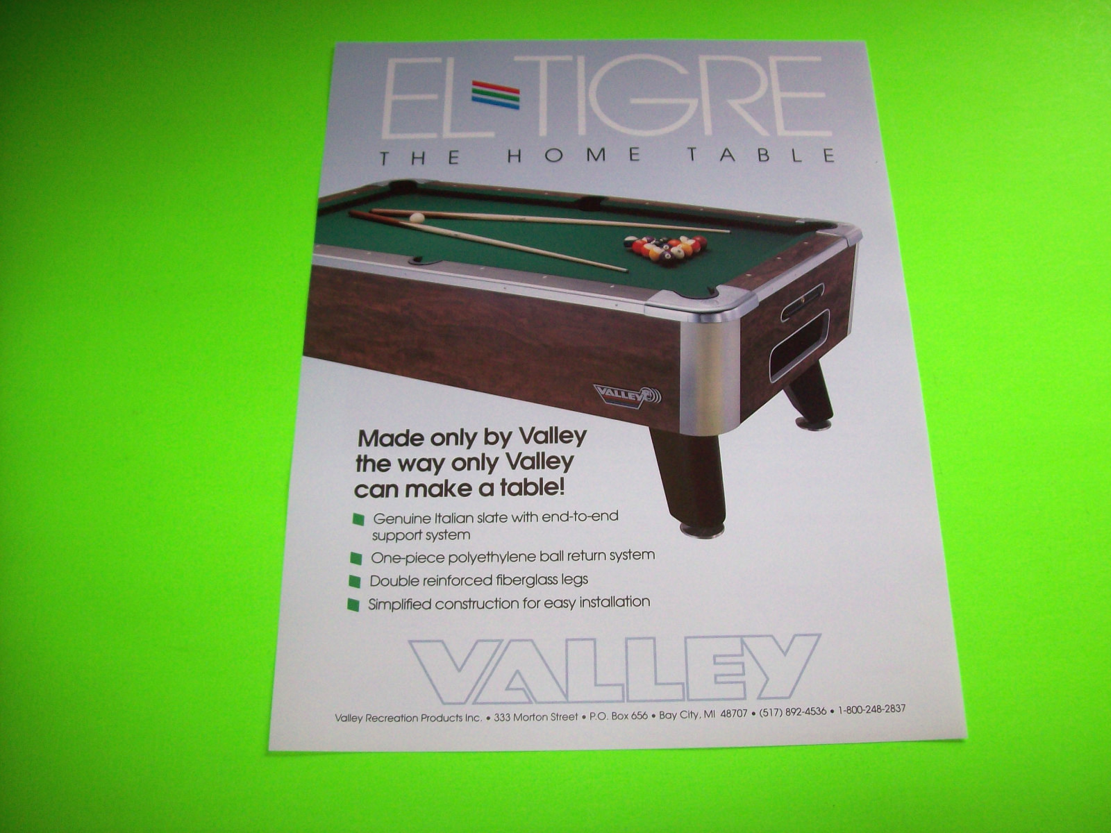 Vintage Valley EL TIGRE Billiards Pool Table Promo Flyer NOS Original