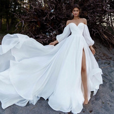 Puffy Long Sleeve Wedding Dresses V Neck Plus Size Bridal Beach Gown High Split