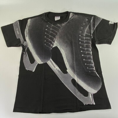 Vtg Hanes Shirt Mens Large Ice Skates Black AOP Single Stitch Textured Puff