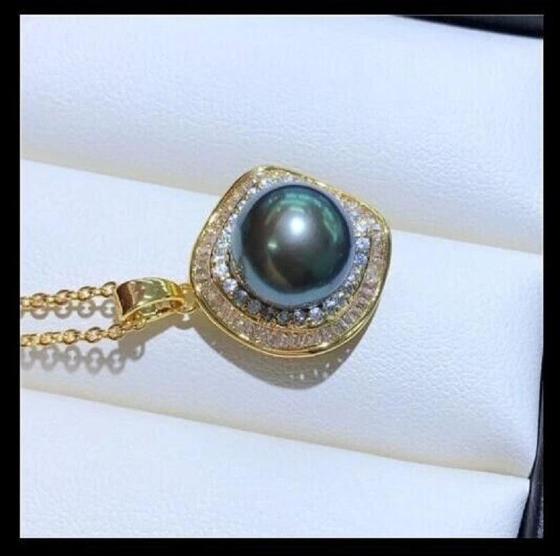 new Gorgeous AAAA10-11mm natural south sea ROUND Black pearl pendant & ring set - Image 2 of 4