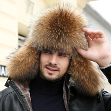 Men Real Fox Raccoon Fur Trapper Hat Real Sheepskin Earflaps Cap Winter Headwear