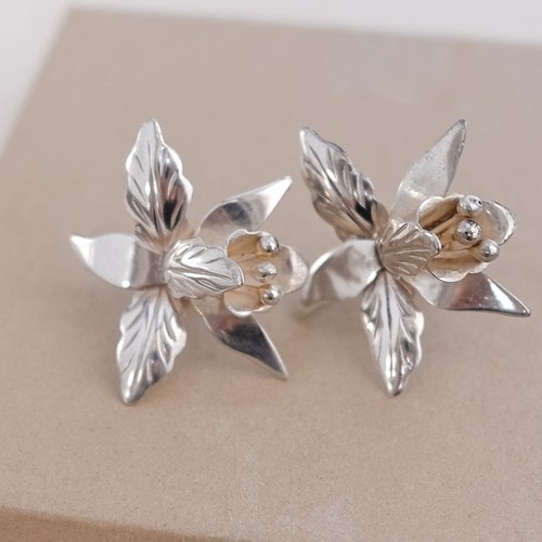 Vintage Taxco Sterlingsilber 3D Orchidee Blume Ohrringe AS Schraubverschluss 1" 7,82 g - Bild 1 von 11