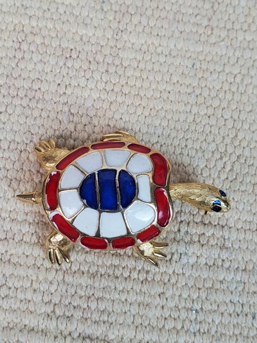 Vintage Emaille Schildkröte Schildkröte Brosche Anstecknadel rot bläulich schwarz goldfarben 2" lang - Bild 3 von 5