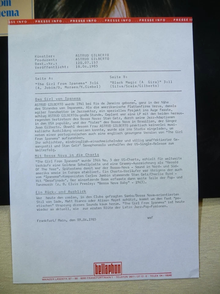 Astrud Gilberto ‎– The Girl From Ipanema  (Promotion Copy + Promo-Sheet) - Bild 2 von 4