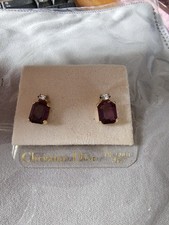 christian dior 14kt gold post earrings purple  clear tone stones vtg nip