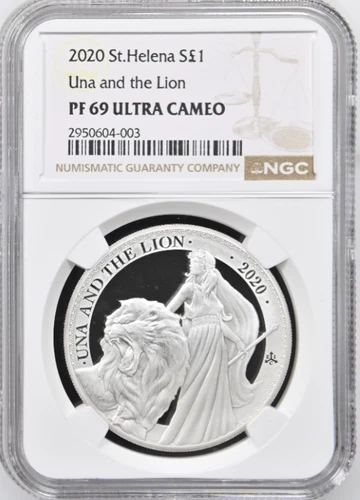 2020 St Helena Una and the Lion 1 oz Silver Proof LOW COA Mintage 750 NGC PF69