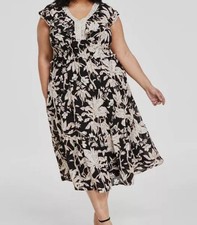 Tahari Asl Womens Black Printed V-Neck Fit & Flare Dress Plus Size 16W