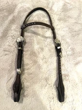Dark Brown Leather Western Horse Bridle Silver Filigree Buckles Studs