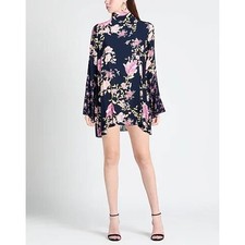 Free People NWT Floral Tate Dress XS Blue Cut Out Viscose Tie Bell Sleeve Tunic
