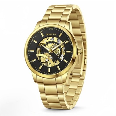 NEW INVICTA 69121 OBJET D ART AUTOMATIC SKELETON BLACK  GOLD STEEL WATCH 42.5MM