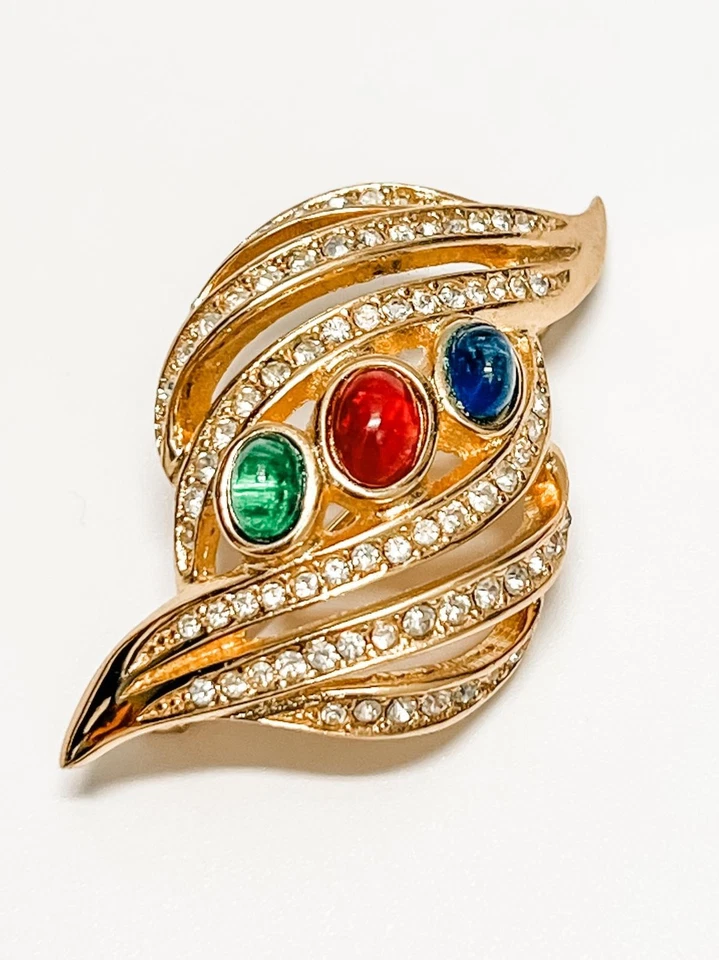 FLAWLESS Christian Dior Gold Tone Cabochon Gripoix Glass Pave Crystal Pin Brooch - Image 3 of 4