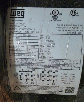 #ad WEG 0.5 HP 3 Phase TEFC Inverter Duty Induction Motor 5018ES3E56C S $270.00
