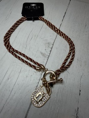 GUESS 16'' Red Gold Rope Chain Necklace Gold Tone Crystal Lock, Pendant NWT