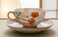 Antique Japanese Kutani Eggshell Porcelain Teacup and Saucer Set - Mint Conditio