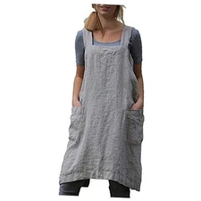 Women's Pinafore Apron Cross Back Apron with Pockets Cotton Linen 3X-Large Grey
