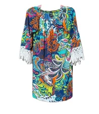 Women's Win Win Multicolored Half Sleeve Tunic With Lace Accents NWOT