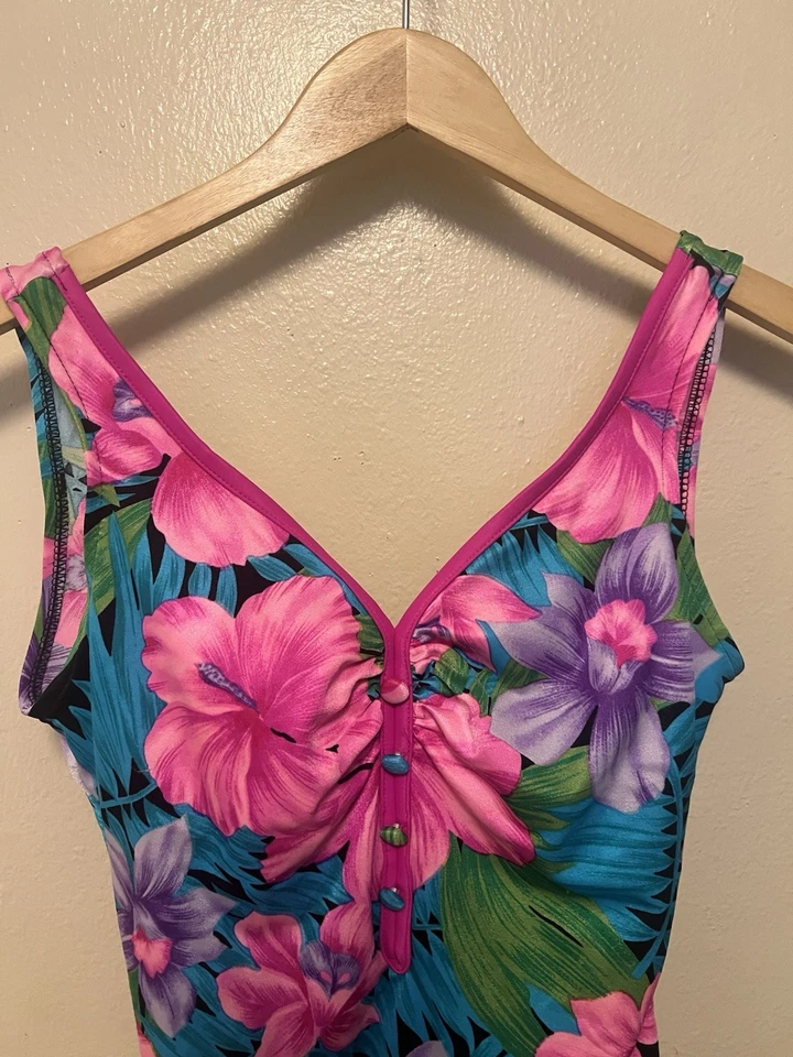 Vintage Años 80 Maxine of Hollywood Estampado Floral Azul Rosa Botón Para Mujer Talla 12 EE. UU. Foto 4 de 4