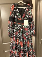 Mac Duggal Floral Maxi Dress V-Neck Long Balloon Sleeve Lace Ruffle Size 18