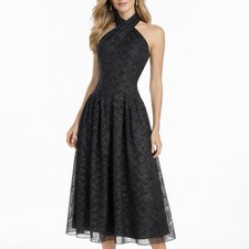 NEW Shoshanna Olivia Metallic Scallope Mesh Halter Neck Black Dress Women Size 2