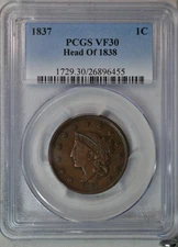 1837 Coronet Head Large cent, Head of 1838, PCGS VF30