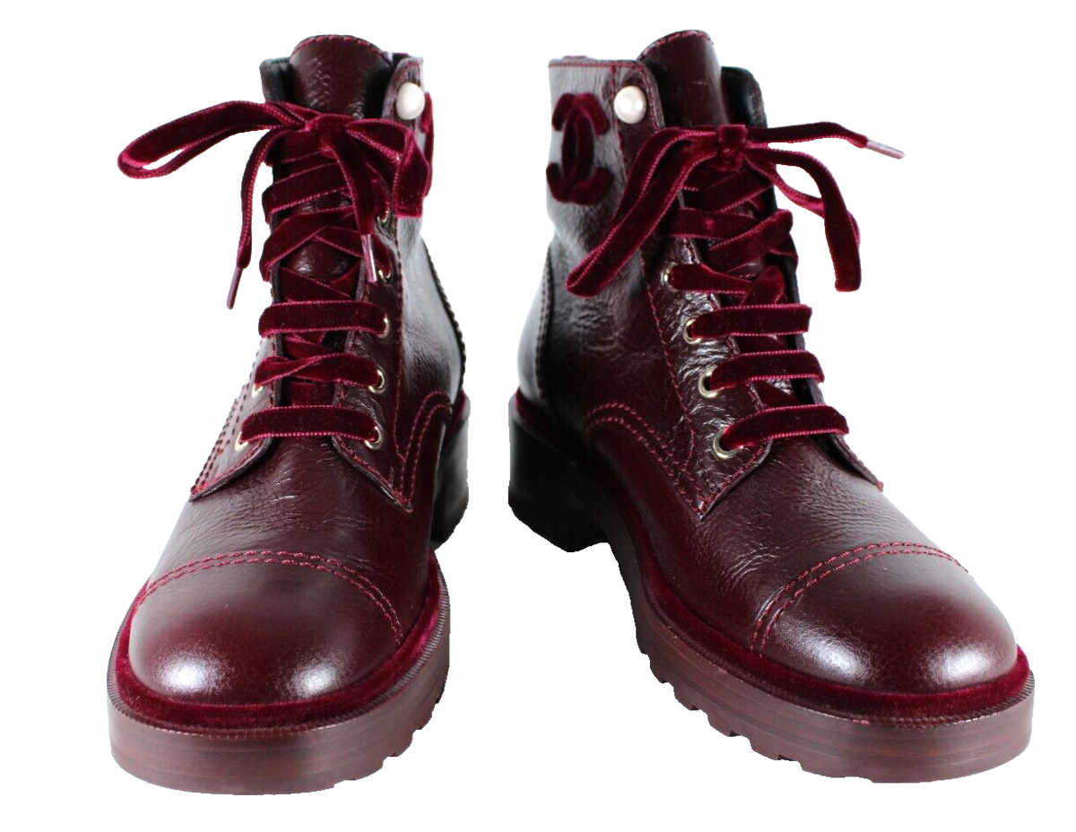 CHANEL 21P Burgundy Leather & Velvet Pearl Logo Details CHANEL 21P Burgundy Leather & Velvet Pearl Logo Details