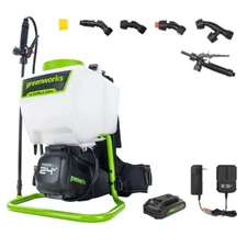 Greenworks 24V BackPack Sprayer 4 Gallon 5 Tips with 2Ah Battery and Charger