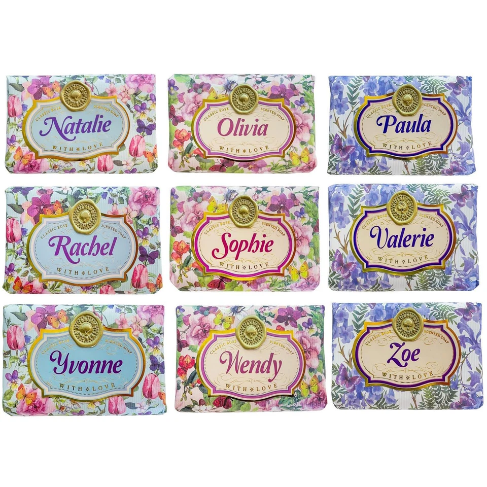 ROSALIND & HEBE Soap Bar Body Hands Wash Natural Shea Butter Rose Personalised Womens Names L-Z