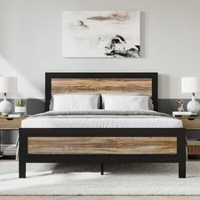 Heavy Duty Full Size Bed Frame / Metal Platform Bed with Rivet Wooden Headboard
