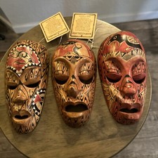 Balinese Wooden Handmade Mask Indonesian Hanging Wall Art Decor Set Of 3