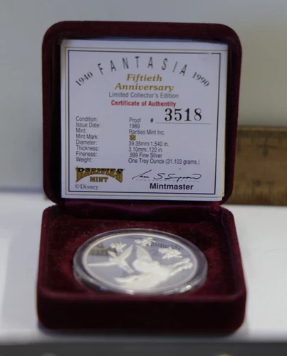 1990 Disney Fantasia 1oz .999 Silver Coin Proof Box & COA 50th Anni Limited Ed.