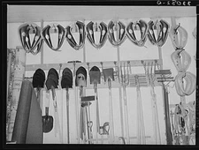 Horse collars, spades and rakes, etc. in hardware store. San Augustine Texas