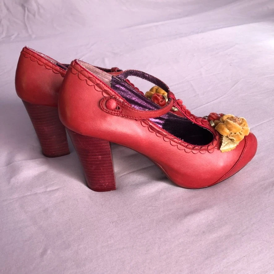 Anthropologie Poetic License Red Floral Mary Janes Size 7/38 EU Chunky Heel - Image 4 of 4