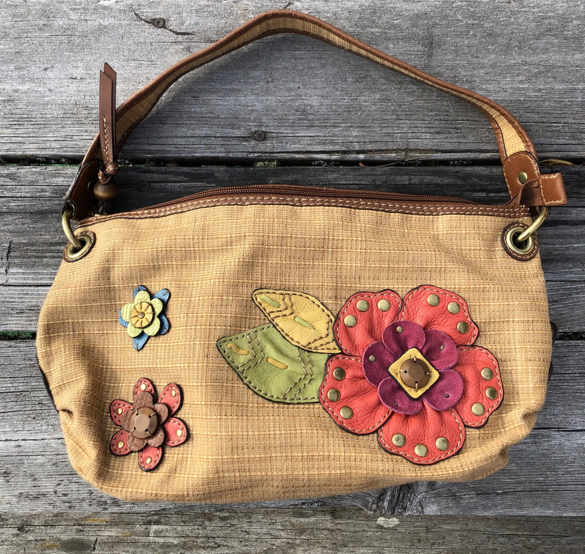 Vintage FOSSIL STRAW WEAVE LEATHER FLOWER PURSE SHOULDER BAG COUNTRY SHOPPING