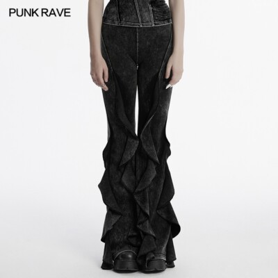 Punk Rave Women Black Gothic Doomsday Wasteland Flared Pants Slim Fit Trousers 
