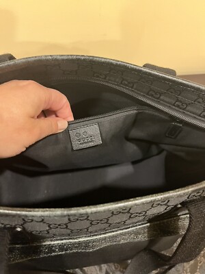 Gucci Black Nylon & Leather Tote Bag Purse With Zipper GG Monogram