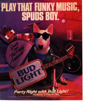 1987 SPUDS MACKENZIE / BUD LIGHT BEER PRINT AD FUNKY PARTY ANIMAL