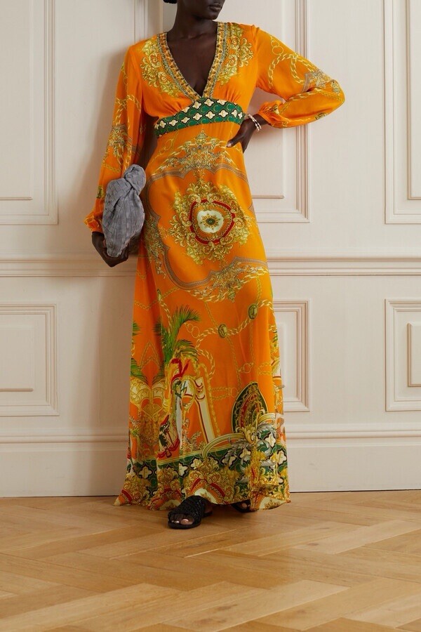 Camilla Printed Lantern Sleeve Dress with Bull Dance Design