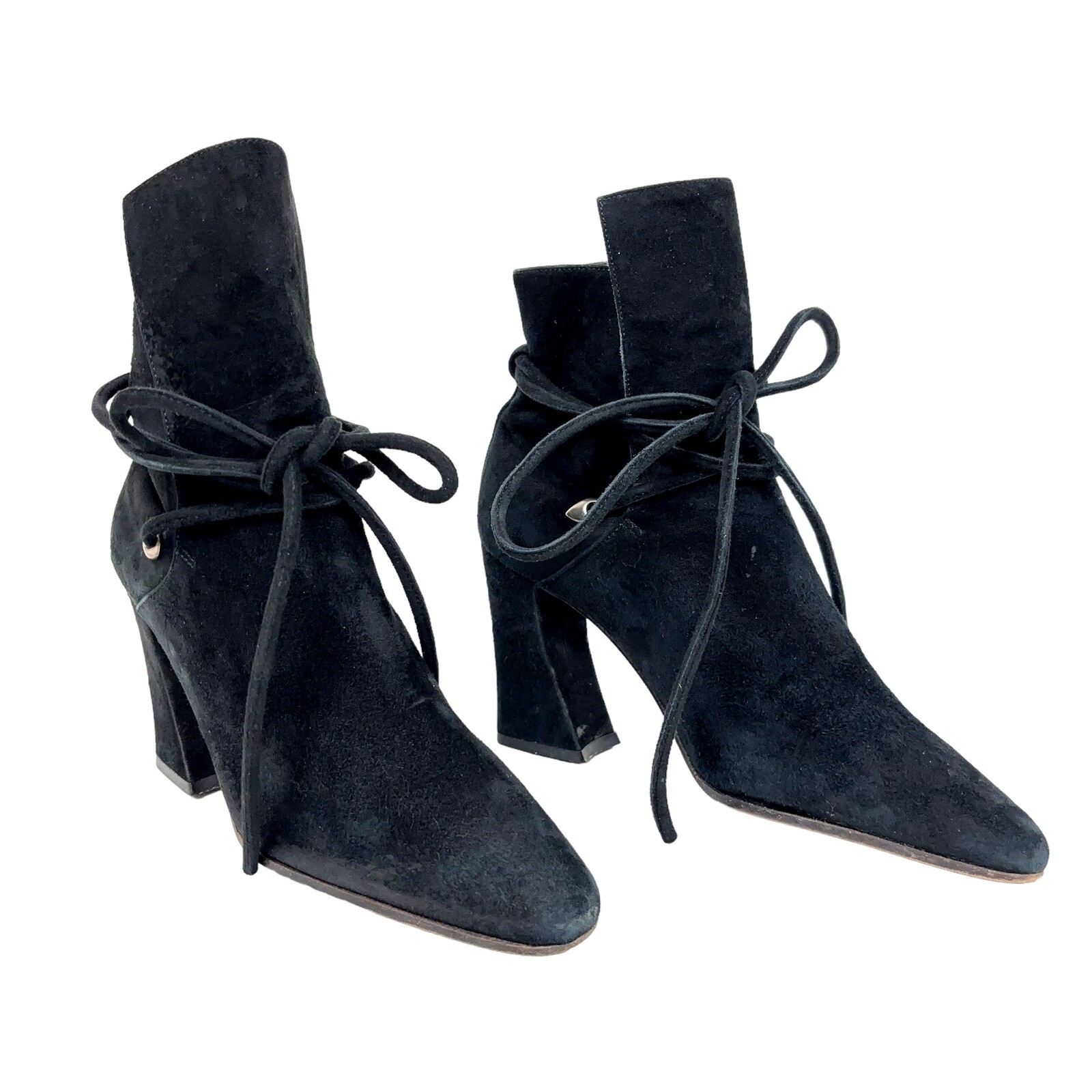 Via Spiga Black Suede Wrap Front Ankle Tie Bootie Pointed Block Heel Sz 5B Italy